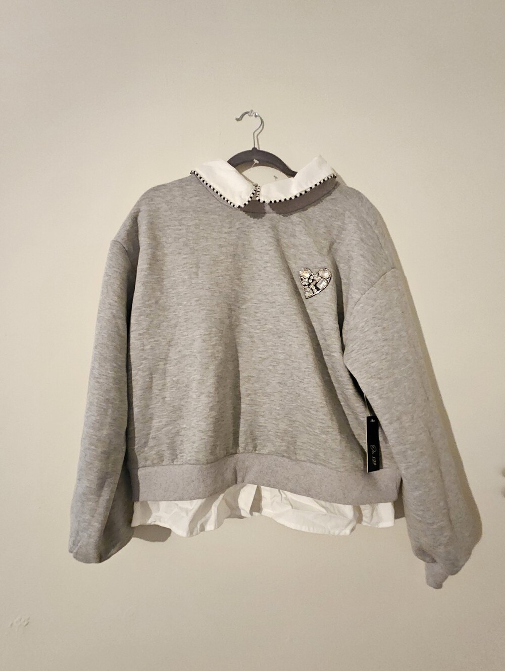 NWT Grey Layered Rhinestone Heart Sweatshirt
